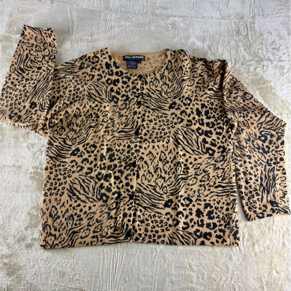 Nina Leonard Womens L Cardigan Lambswool‎ Angora Leopard Zebra Tan Black
